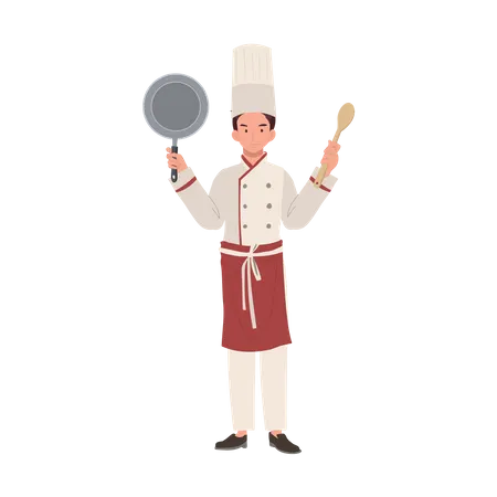 Chef masculino con gorro de chef sosteniendo sartén y volteador  Ilustración