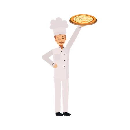 Un Hombre Con Uniforme De Chef Y Gorro De Chef Sostiene Pizza Ilustracion De Personaje De Dibujos Animados De Vector Plano Ilustración