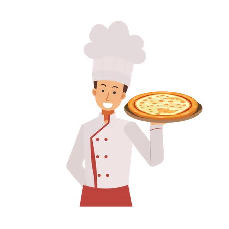 Un Hombre Con Uniforme Profesional Y Gorro De Chef Sostiene Pizza Ilustracion De Personaje De Dibujos Animados De Vector Plano Ilustración