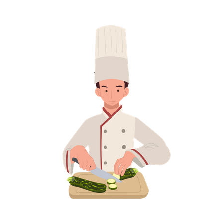Chef masculino cortando legumes na cozinha  Ilustração