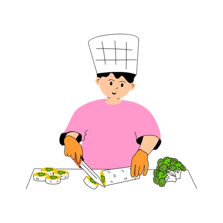 Chef masculino cortando sushi  Ilustração