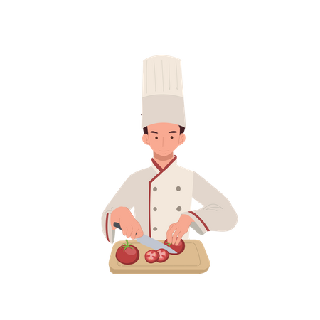 Chef masculino cortando tomate na tábua  Ilustração