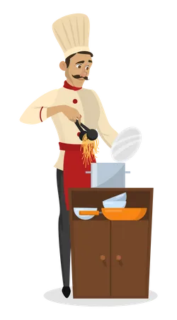 Chef masculino cozinhando macarrão  Ilustração