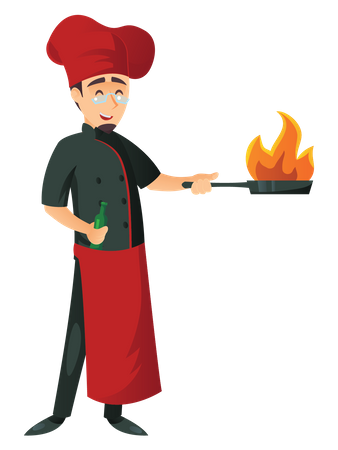 Chef masculino cozinhando na frigideira  Ilustração