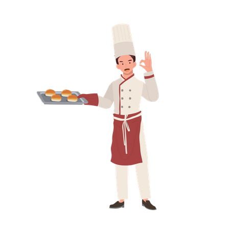 Chef masculino dando sinal de mão ok e segurando o prato  Ilustração