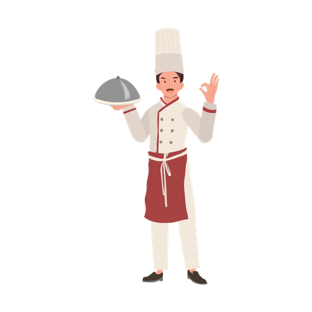 Chef masculino e cloche e mostrando sinal de mão ok  Ilustração