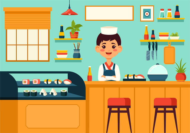 Chef masculino en el bar de sushi  Ilustración