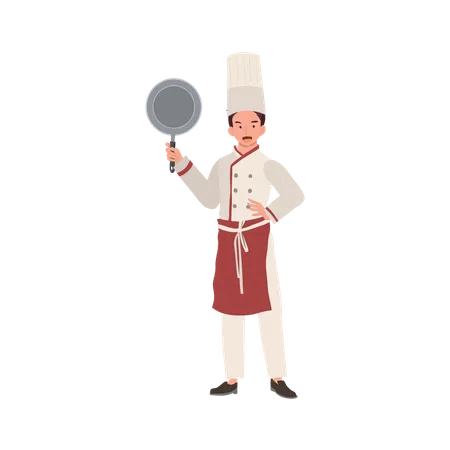 Chef masculino profesional en sombrero de chef sosteniendo sartén  Ilustración