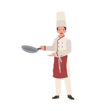 Chef masculino profesional en sombrero de chef sosteniendo sartén  Ilustración