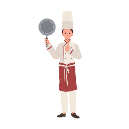 Chef masculino segurando a panela e desistindo do polegar  Ilustração