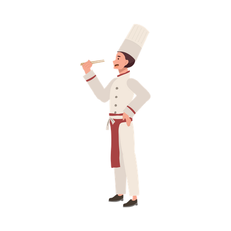 Chef masculino sorridente feliz segurando pauzinhos  Ilustração