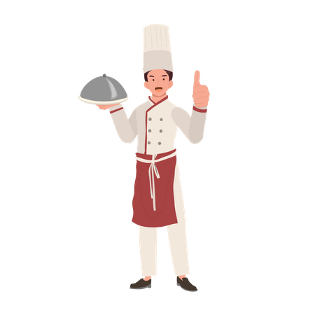 Chef masculino sorridente segurando cloche e desistindo do polegar  Ilustração
