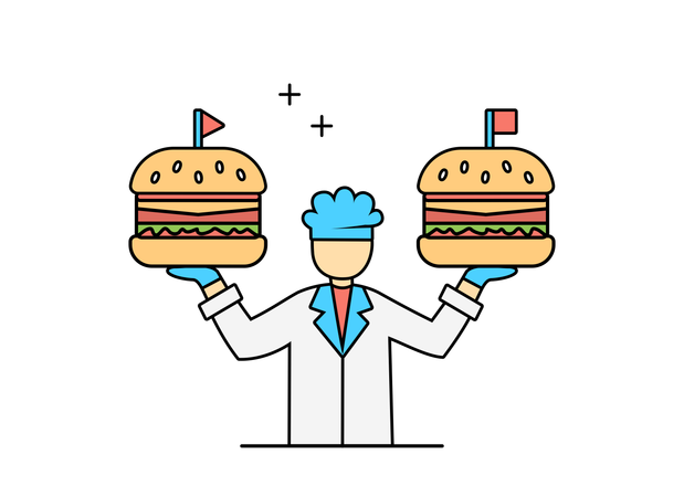 Chef masculino sosteniendo hamburguesa  Ilustración