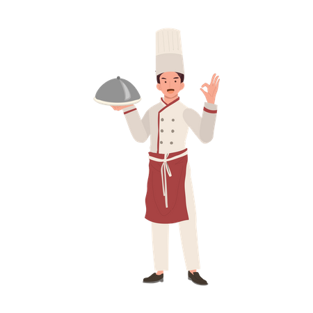 Chef masculino y cloche y mostrando el signo de mano Ok  Ilustración