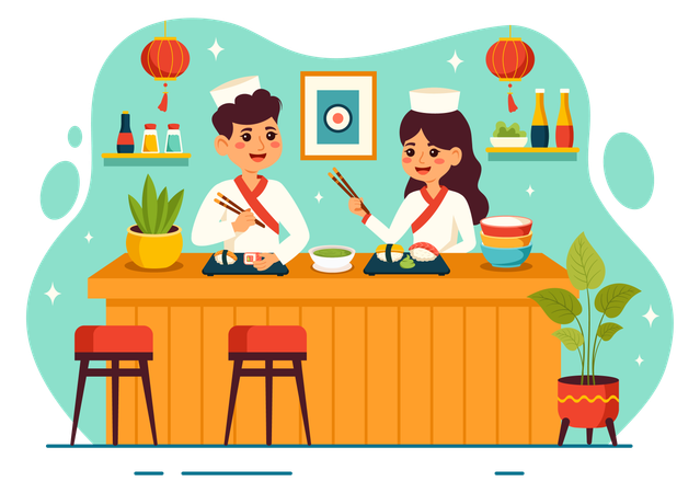 Chef masculino y femenino sirviendo comida de sushi  Ilustración