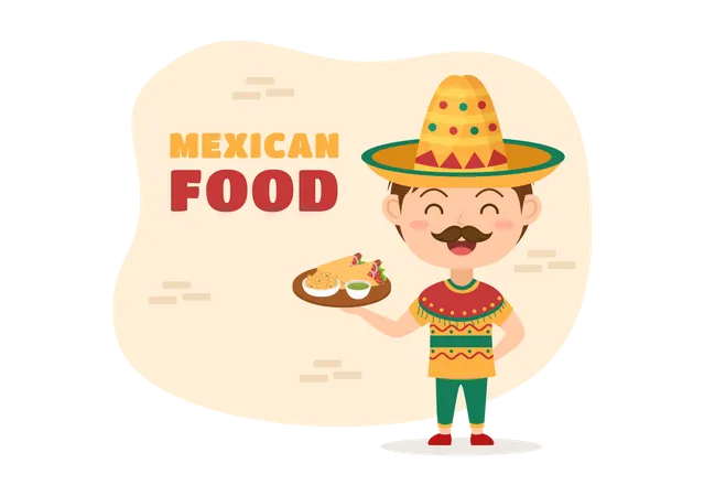 Chef mexicain présentant la cuisine mexicaine  Illustration