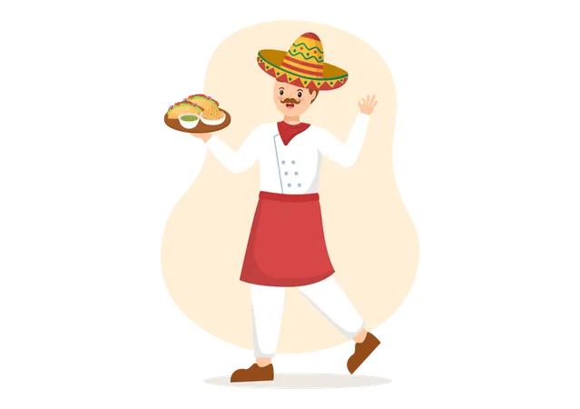 Chef mexicain traditionnel avec tacos  Illustration