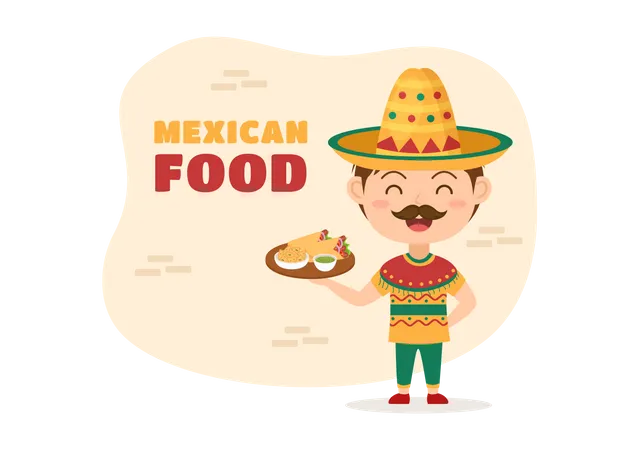 Chef mexicano presentando comida mexicana  Ilustración