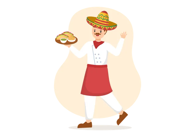 Chef mexicano tradicional com tacos  Ilustração