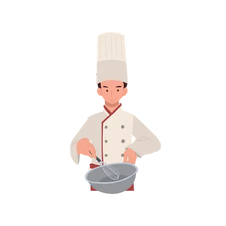 Preparacion Culinaria Cocina Gourmet Chef Masculino Mezclando Ingredientes En Un Tazon Para Mezclar Ilustracion De Dibujos Animados De Vector Plano Ilustración