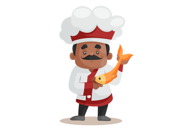 Chef montrant du poisson pour une nouvelle recette  Illustration