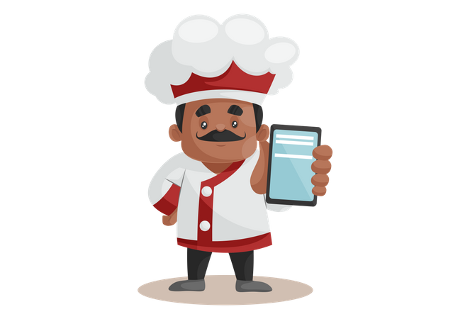 Chef montrant un smartphone pour une commande en ligne  Illustration