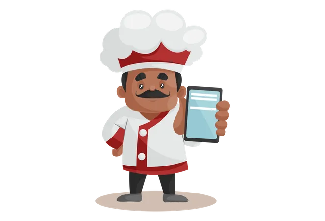 Chef montrant un smartphone pour une commande en ligne  Illustration