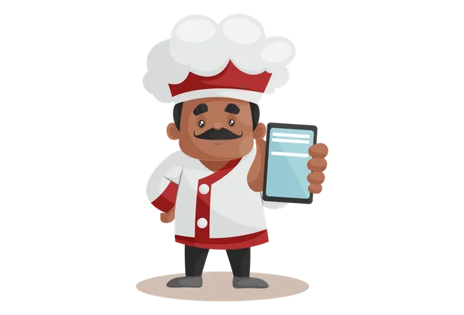 Chef mostrando smartphone para pedido on-line  Ilustração
