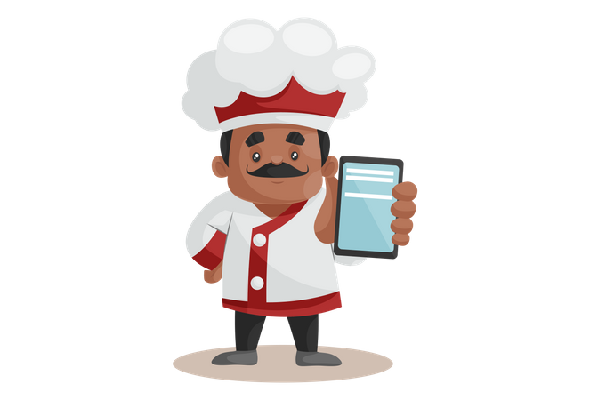 Chef mostrando Smartphone para pedidos en línea  Ilustración