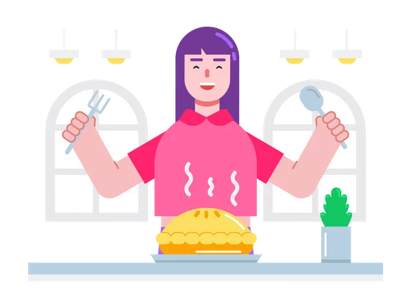 Chef mother cooking a pie for their family  イラスト
