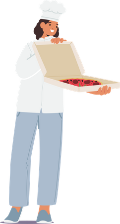 Chef femenina muestra con orgullo pizza recién horneada en caja abierta  Ilustración