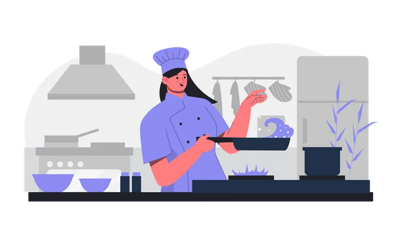 Chef mujer cocinando comida en la cocina  Ilustración