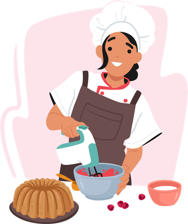 Chef mujer mezclando crema  Ilustración