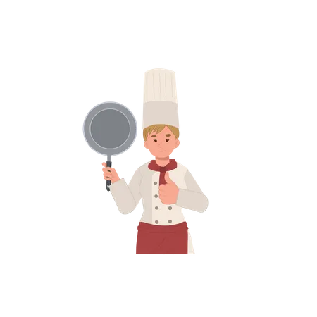 Chef mujer sosteniendo pan está haciendo gesto con el pulgar hacia arriba  Ilustración