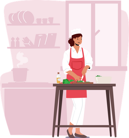 Chef feminina cortando legumes  Ilustração