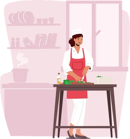 Jovem Adoravel Cortando Legumes Cozinhando Salada Personagem Feminina Feliz Usa Uniforme De Chef Cozinheiro Na Cozinha Em Casa Preparando Comida Deliciosa E Saudavel Para O Jantar Ilustra O Vetorial De Desenho Animado Ilustração