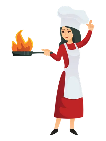 Chef feminina cozinhando em frigideira  Ilustração