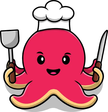 Chef Octopus Holding Spatula And Knife  Illustration
