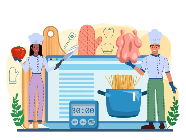 Chef Online Service Or Platform Culinary Specialist Making And Serving A Tasty Dish Professional Worker In Apron On The Kitchen Website Flat Vector Illustration Illustration