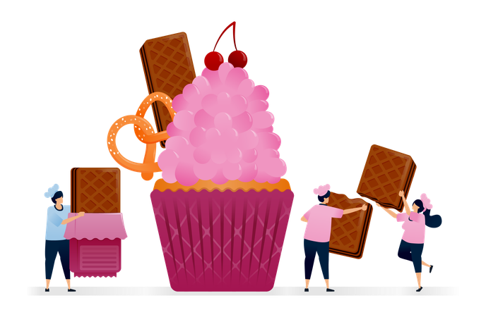 Chef préparant des cupcakes avec une garniture à la crème rose, une couche de gaufrettes au chocolat et un bretzel salé  Illustration