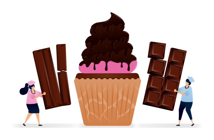 Chef préparant des cupcakes avec un glaçage rose et un glaçage au chocolat fondu  Illustration