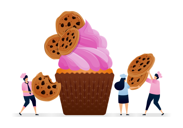 Chef préparant des cupcakes avec un glaçage rose et des biscuits aux pépites de chocolat superposés  Illustration