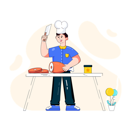 Chef cortando carne  Ilustración
