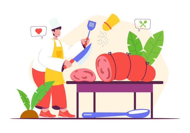 Chef cortando carne  Ilustración