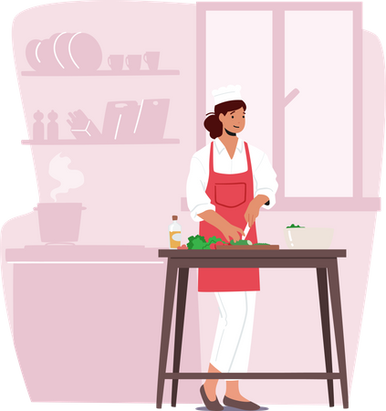 Chef femenina cortando verduras  Ilustración