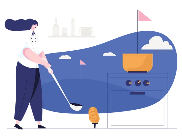 Chef playing golf while cooking Illustration