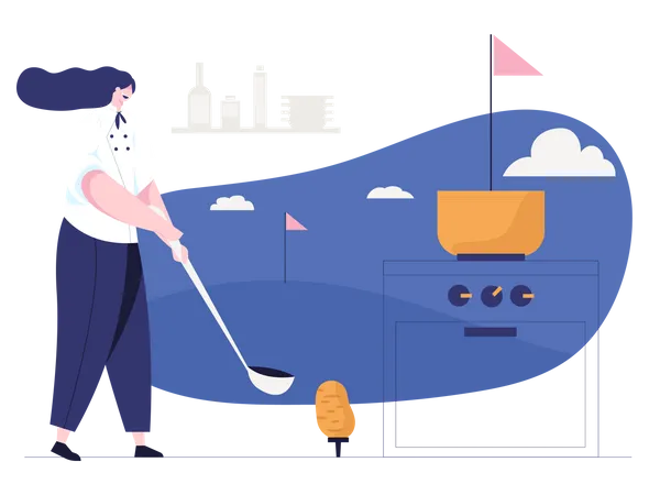 Chef playing golf while cooking  Illustration