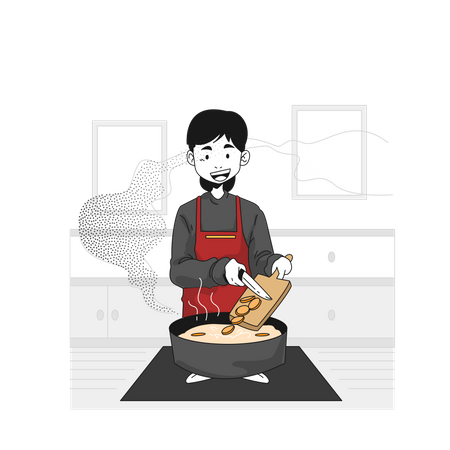 Chef masculino poniendo ingredientes en la olla  Ilustración