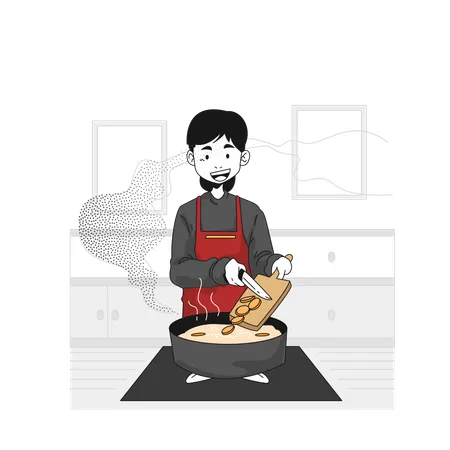 Chef masculino poniendo ingredientes en la olla  Ilustración