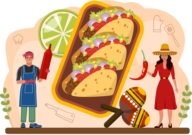 Chef prepara prato de tacos  Ilustração